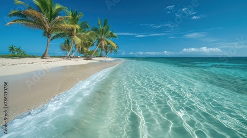 coastal scene with pristine beaches, palm trees swaying in the breeze, and crystal-clear water