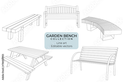Outdoor benches and table line drawing outline garden furniture editable vector collection park bench 