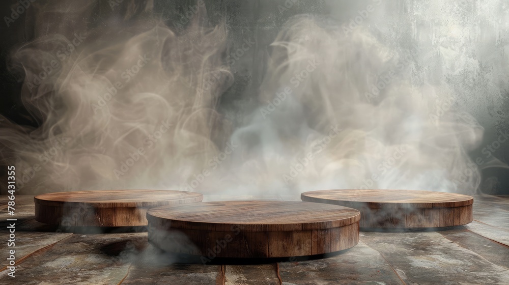 Concept of three round wooden tables in a room surrounded by smoke. Concept of three round wooden tables in a room surrounded by smoke.