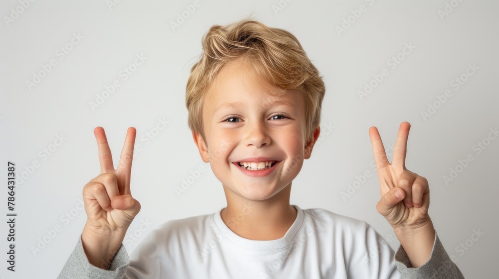 Cheerful Youngster: 10-Year-Old American Flashing a Victory Sign Cheerful Youngster: 10-Year-Old American Flashing a Victory Sign