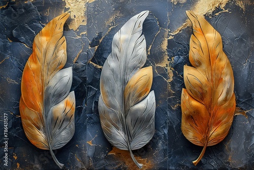 3 panel wall art, marble background with golden and silver feather designs