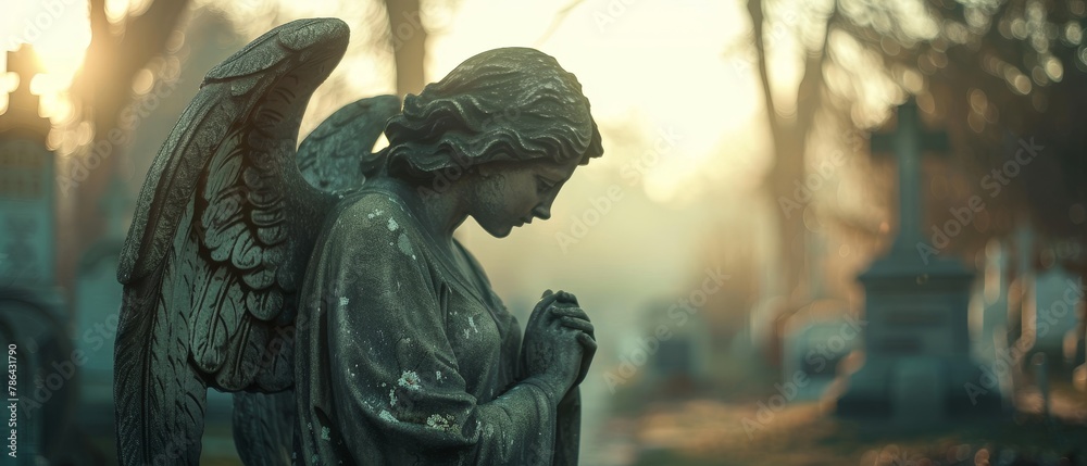 With a diffused background, a vintage of a sad angel is shown on a cemetery - obrazy, fototapety, plakaty 