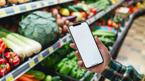 Woman use mobile phone with blank screen, blurred grocery supermarket in background. augmented reality and commerce, online shopping, food delivery concept. Blank screen mock up