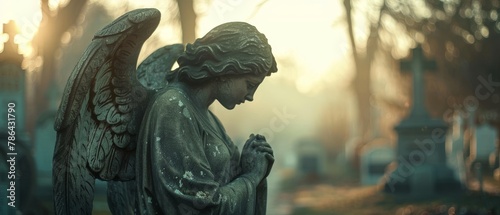 With a diffused background, a vintage of a sad angel is shown on a cemetery photo