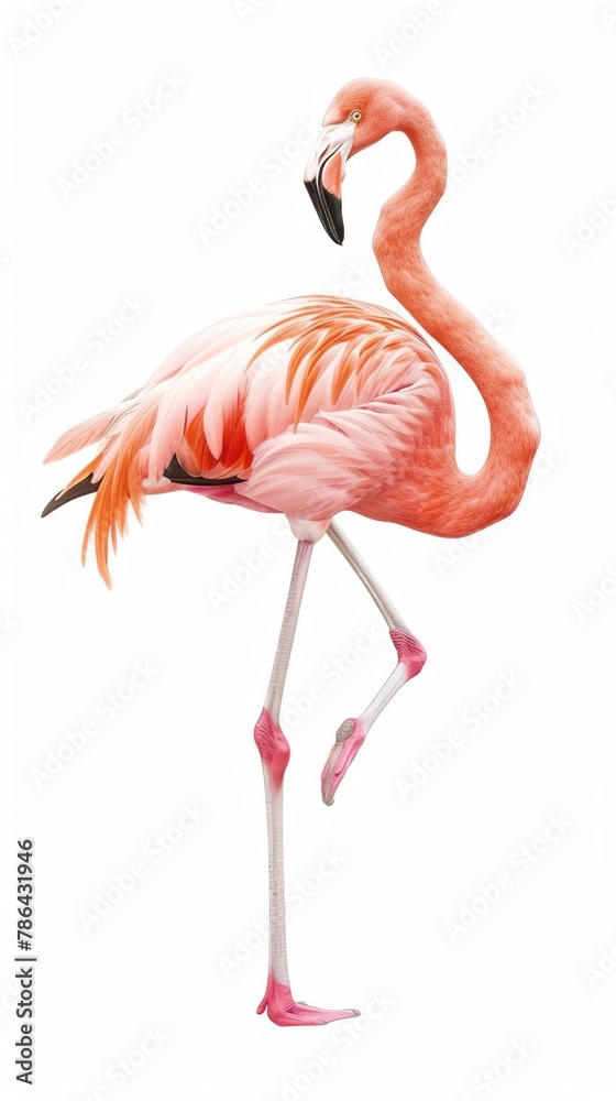 Fototapeta premium Pink flamingo standing on one leg isolated image on white background