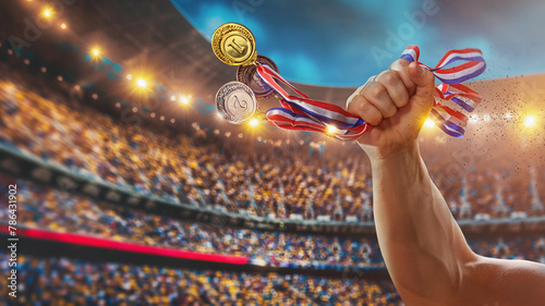Different medals in hand isolated on big stadium arena - victory concept.