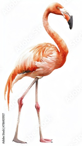 Pink flamingo standing on one leg isolated image on white background