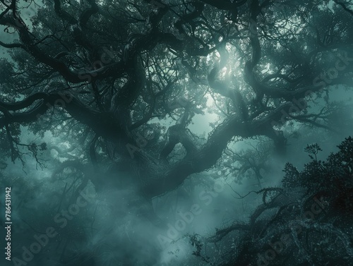 A mysterious forest shrouded in fog  with gnarled trees and twisting vines creating an otherworldly atmosphere enchanted woods Soft  diffused light filters through the fog  casting an eerie glow over