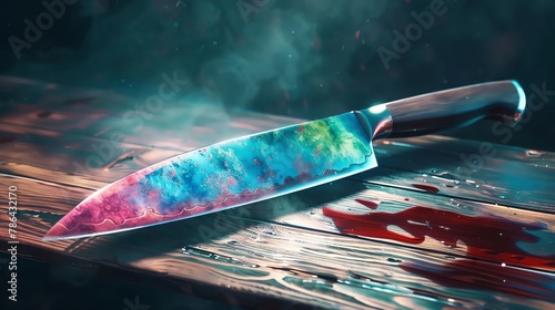 Craft a 3D rendered image of a chefs knife gleaming under a single spotlight photo