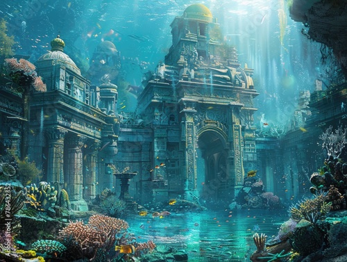 A mysterious underwater city with ancient ruins and colorful sea life thriving among the coral reefs lost civilization Sunlight filters down from the surface, illuminating the hidden wonders