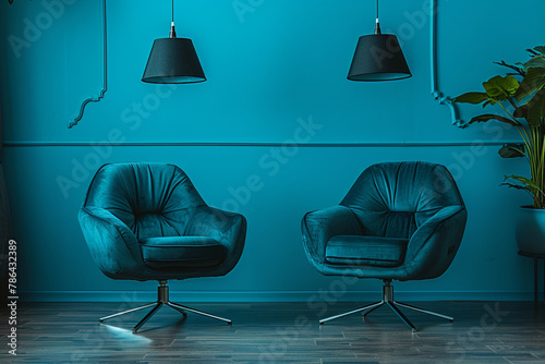 two chairs and microphones in podcast or interview room on dark background as a wide banner for media conversations or podcast streamers concepts with sweatshirt photo