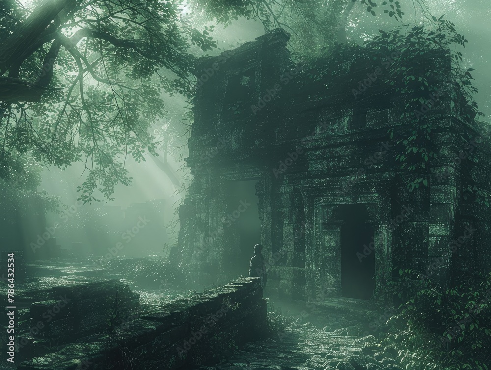 A mystical forest shrouded in fog, with ancient ruins peeking through the mist and a lone figure exploring the forgotten pathways mystical allure Soft, diffused light filters through the fog, lending - obrazy, fototapety, plakaty 