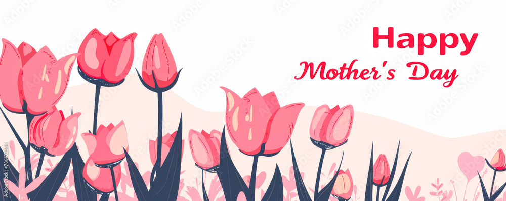 Happy Mother's Day greeting banner with pink tulips on white background.
