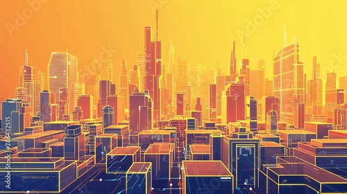 Futuristic cityscape with holographic maps