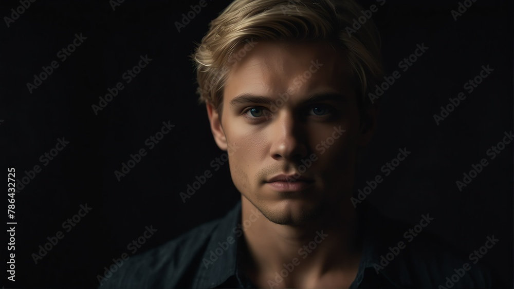 handsome blonde man looking at camera serious on dark plain black background from Generative AI