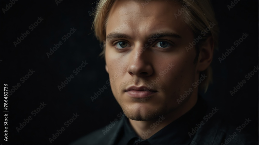 handsome blonde man looking at camera serious on dark plain black background from Generative AI