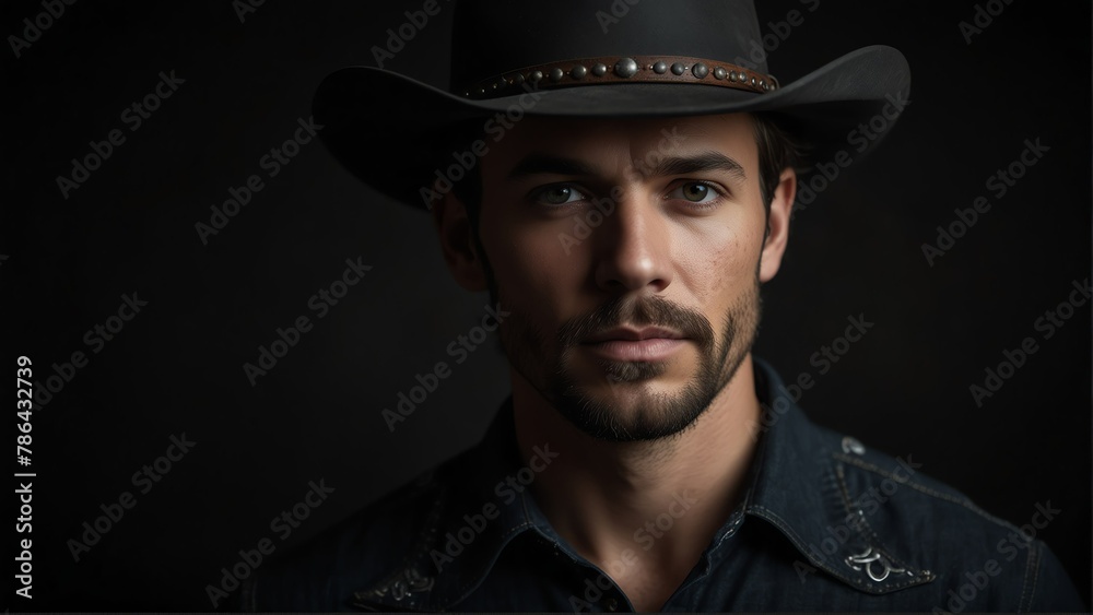 handsome cowboy looking at camera serious on dark plain black background from Generative AI handsome cowboy looking at camera serious on dark plain black background from Generative AI