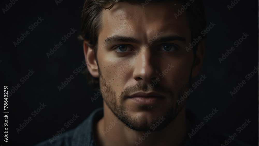 handsome caucasian man looking at camera serious on dark plain black background from Generative AI