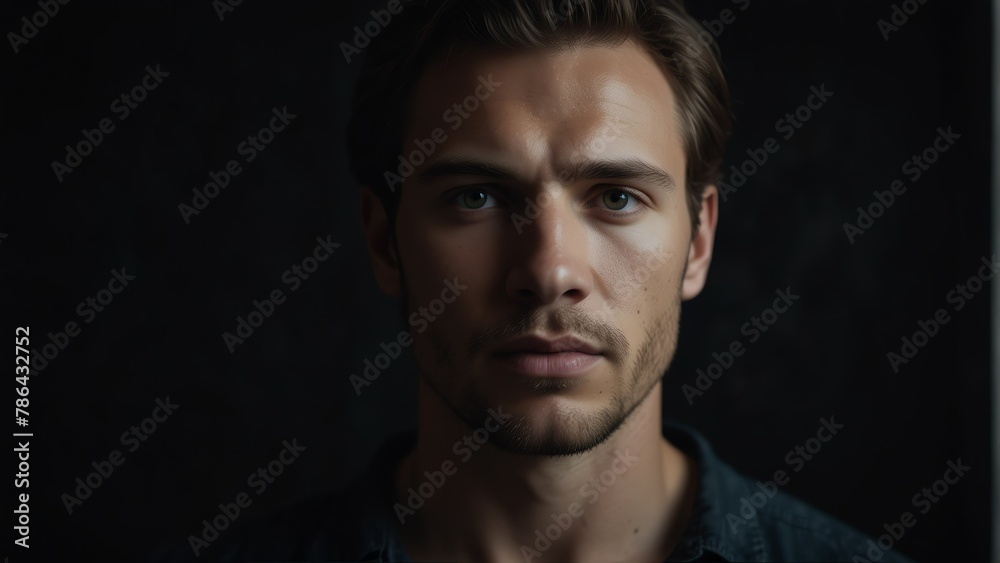 handsome caucasian man looking at camera serious on dark plain black background from Generative AI