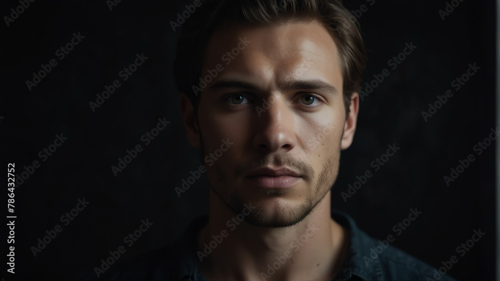 handsome caucasian man looking at camera serious on dark plain black background from Generative AI handsome caucasian man looking at camera serious on dark plain black background from Generative AI