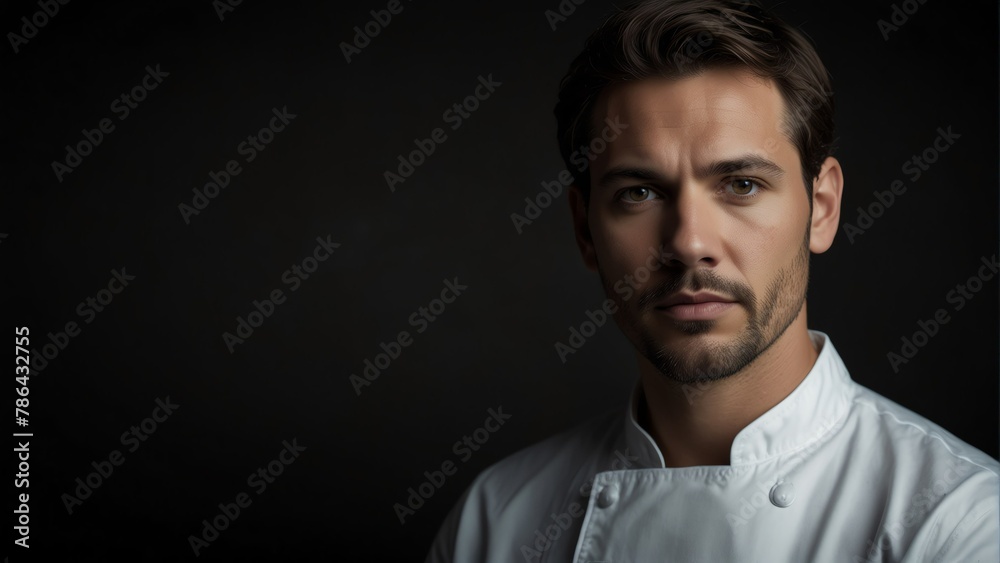 handsome chef looking at camera serious on dark plain black background from Generative AI