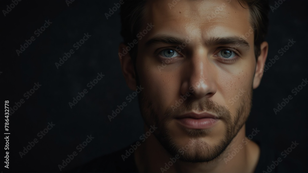 handsome caucasian man looking at camera serious on dark plain black background from Generative AI handsome caucasian man looking at camera serious on dark plain black background from Generative AI
