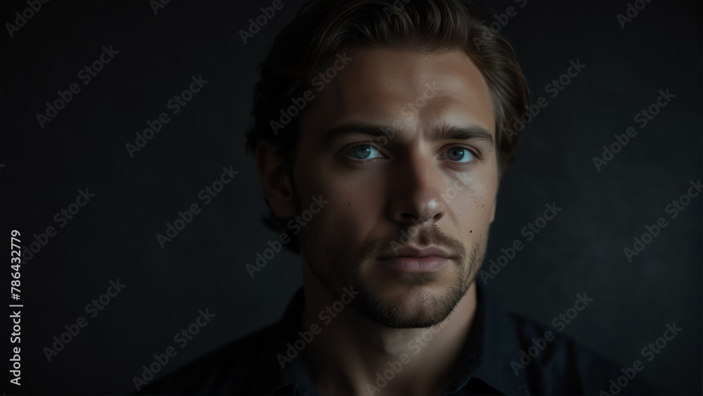 handsome caucasian man looking at camera serious on dark plain black background from Generative AI