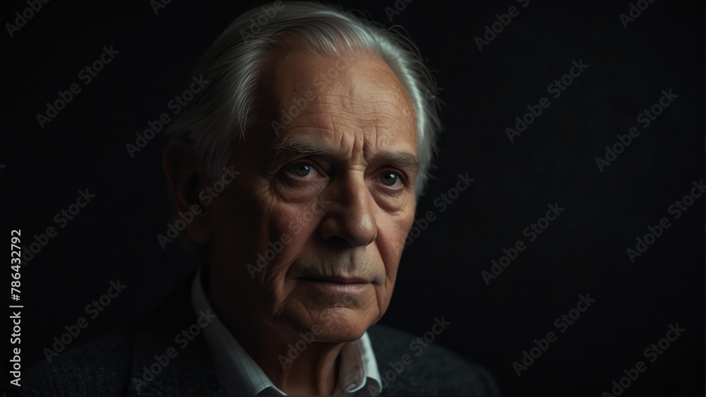 handsome elder man looking at camera serious on dark plain black background from Generative AI
