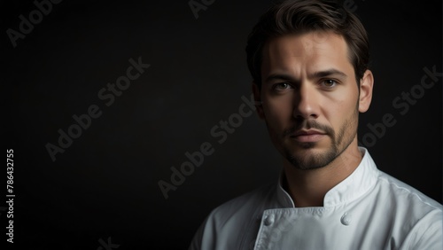 handsome chef looking at camera serious on dark plain black background from Generative AI