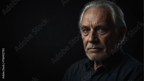 handsome elder man looking at camera serious on dark plain black background from Generative AI © Arceli