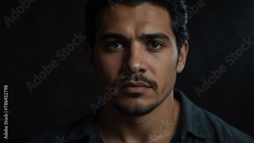 handsome hispanic man looking at camera serious on dark plain black background from Generative AI