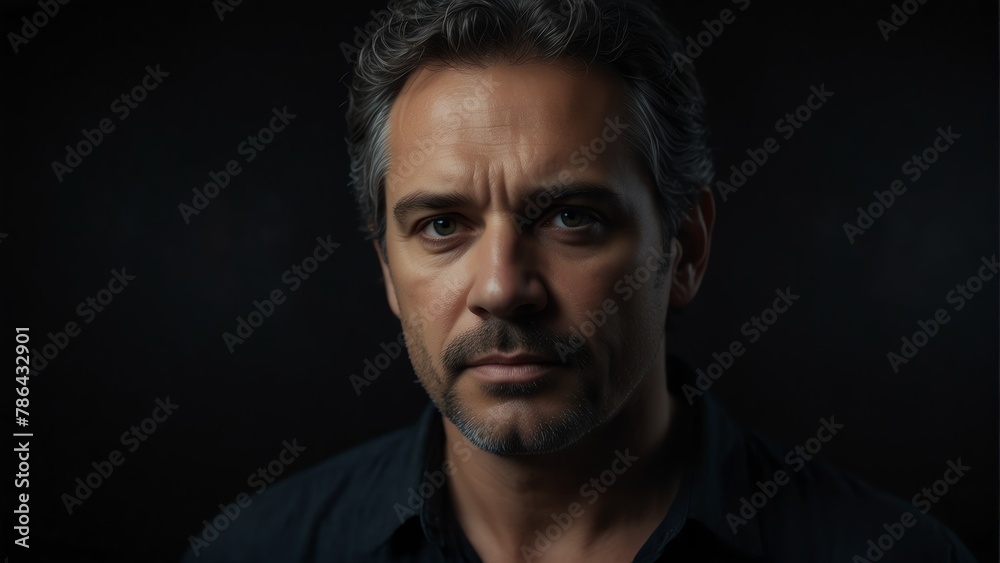 handsome middle aged man looking at camera serious on dark plain black background from Generative AI