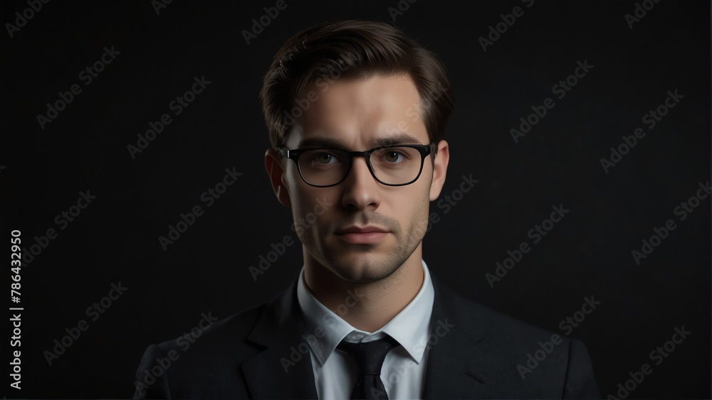 handsome office accountant clerk looking at camera serious on dark plain black background from Generative AI