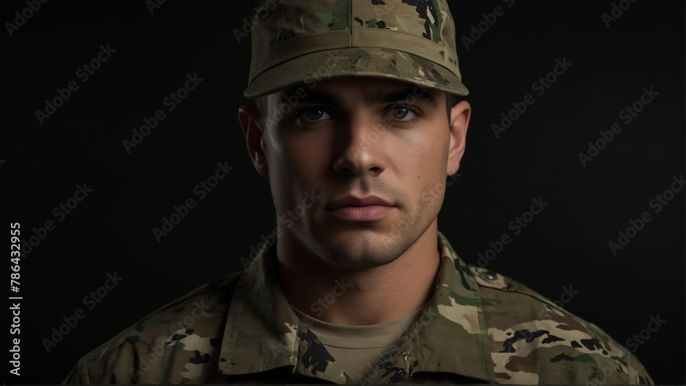 handsome soldier looking at camera serious on dark plain black background from Generative AI handsome soldier looking at camera serious on dark plain black background from Generative AI