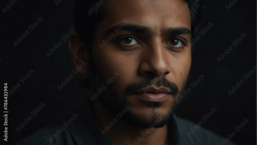 handsome south asian man looking at camera serious on dark plain black background from Generative AI handsome south asian man looking at camera serious on dark plain black background from Generative AI