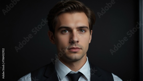 handsome office accountant clerk looking at camera serious on dark plain black background from Generative AI