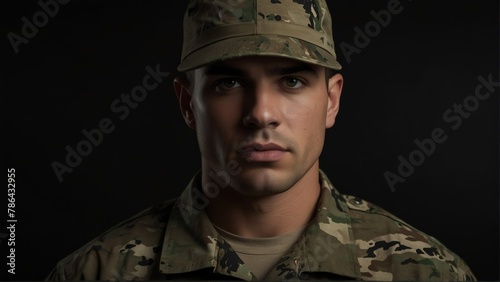 handsome soldier looking at camera serious on dark plain black background from Generative AI