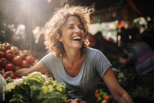 Portrait of a joyful woman in her 40s dressed in a casual t-shirt in bustling farmer's market photo