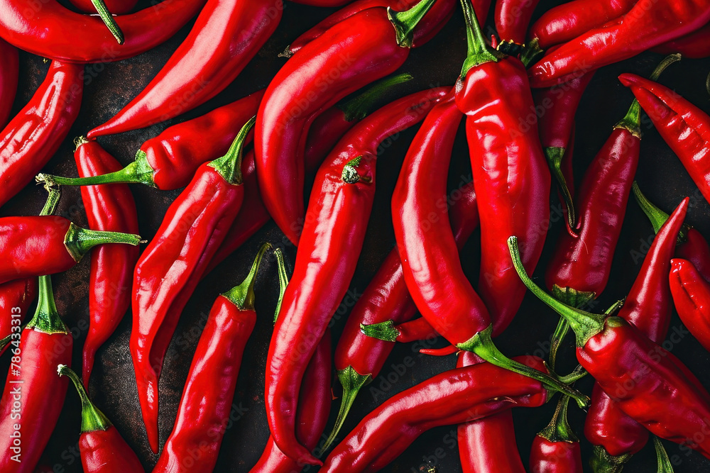 A pile of vibrant red hot chili peppers on a dark black background, top view photos