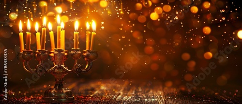 Jewish holiday Hanukkah background with candlelit menorah (traditional candelabra) photo