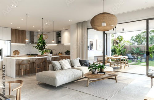 an open plan modern home interior, bright and airy in style with neutral tones, white walls, light grey floor tiles, large windows, sliding doors to the backyard © Kien