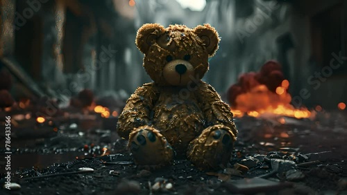 Teddy bear toy destroyed in war, who survived the fire. destructive civilian area during war time, sorrow scenery of war victim, natural disaster, idea for support children's rights. Warzone city 4k photo