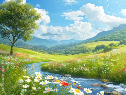 A picturesque countryside scene with rolling hills, meandering streams, and fields of blooming flowers under a clear blue sky rural tranquility Soft, golden sunlight bathes the idyllic landscape