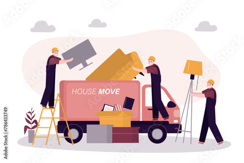 Moving service. Team of movers loading cardboard boxes into truck. House relocation. Workers in uniform carry furniture. Professional delivery company, loader service