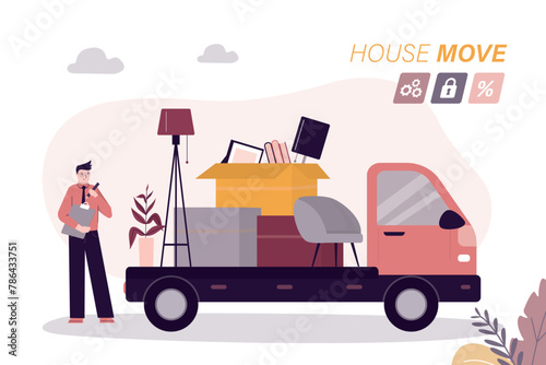 Moving service. Truck and household items. Moving to new house. Service man or manager controlling package transportation. Things, clothes, furniture on lorry. Relocation concept.