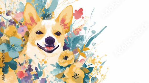 Cachorro fofo e flores no fundo branco - Ilustração  photo