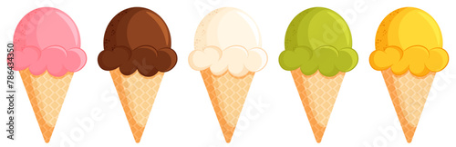 Ice Cream Cones with Strawberry, Chocolate, Vanilla, Pistachio & Mango Flavors 
