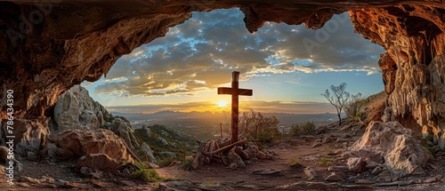 At sunset, a wooden cross can be seen from a cave.