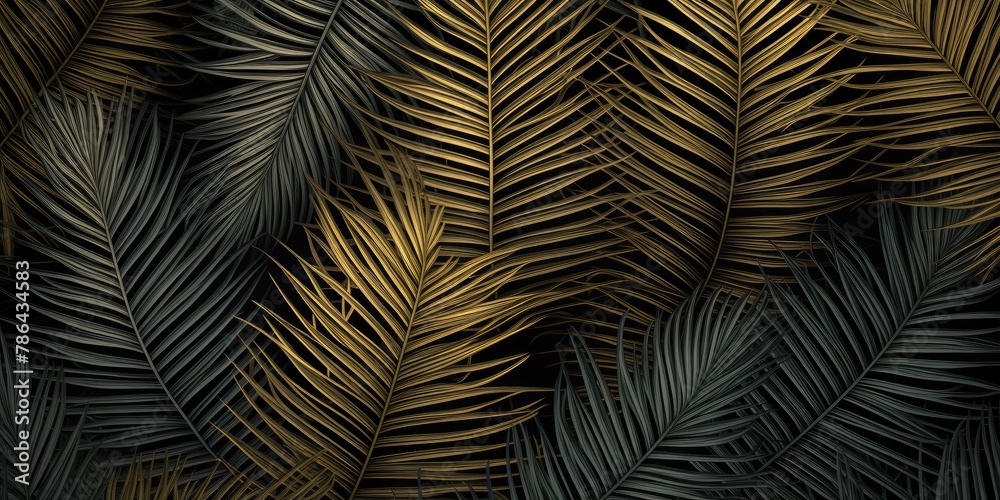 Vibrant tropical leaves design set on a dark background.