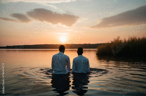 Baptismal Prayer Portrait of Two Young Black Men Embracing Faith in Water